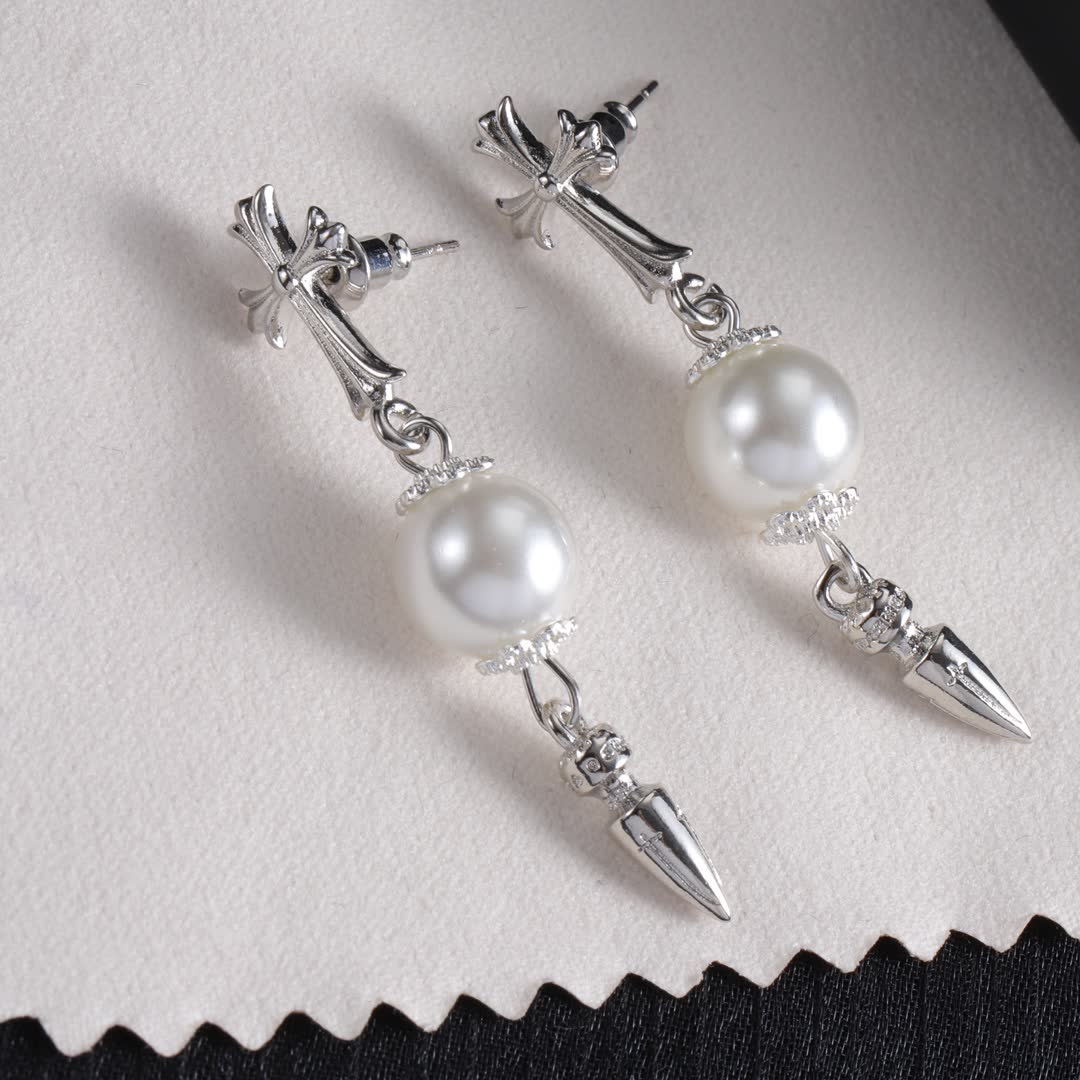 Chrome Hearts Silver Cross and Pearl Earrings